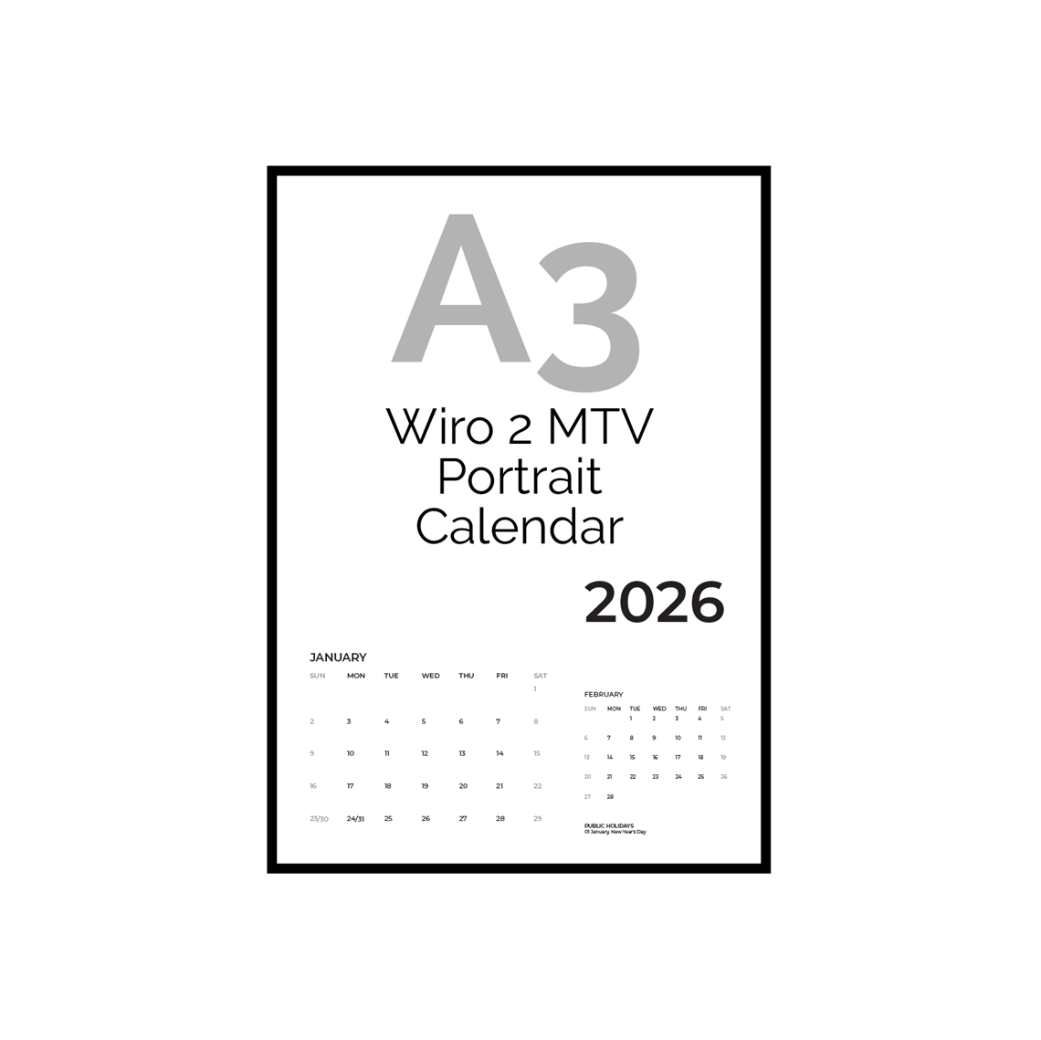 Show details for A3 Wiro Portrait 2 Month-to-View Calendar Template