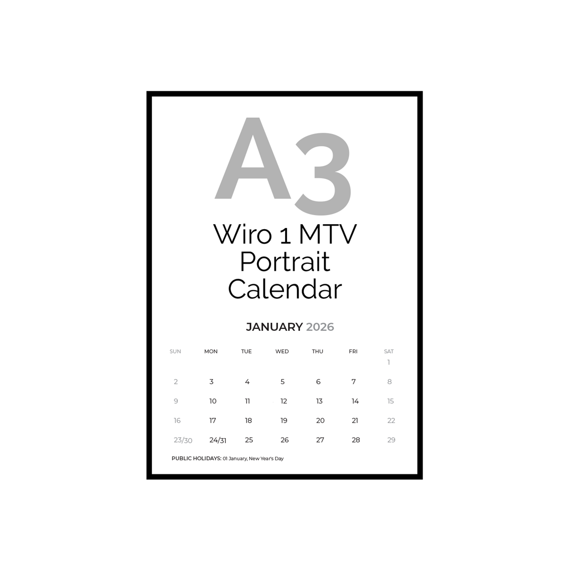 Show details for A3 WiroPortrait 1 Month-to-View Calendar Template